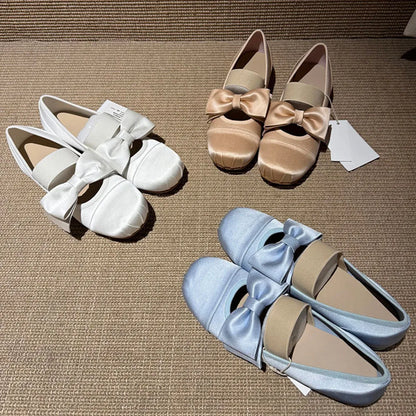 Women's Bow Mary Jane Shoes Square Satin Low Heel Flat Shoes Elegant Strap Ladies Pumps for Wedding Office Daily Wear Shoes