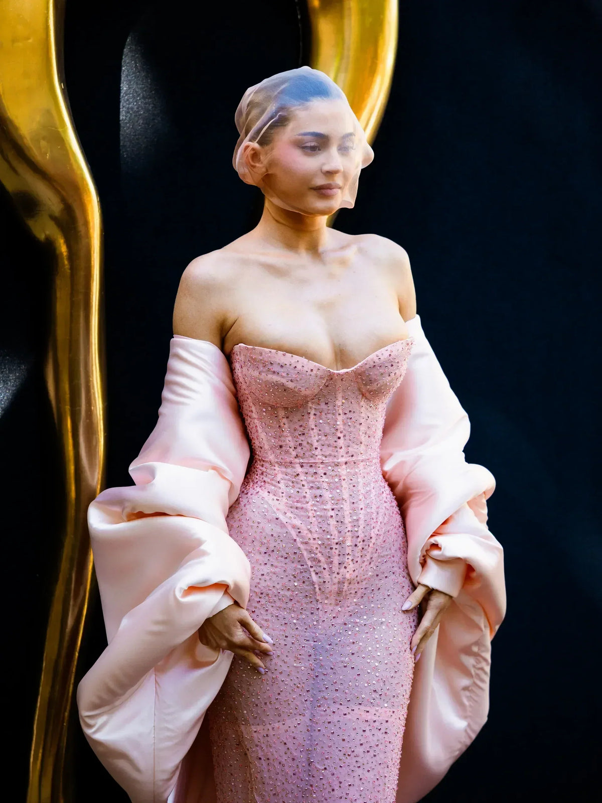 Strapless Sequin Beaded Corset Column Gown with Bubble Satin Wrap