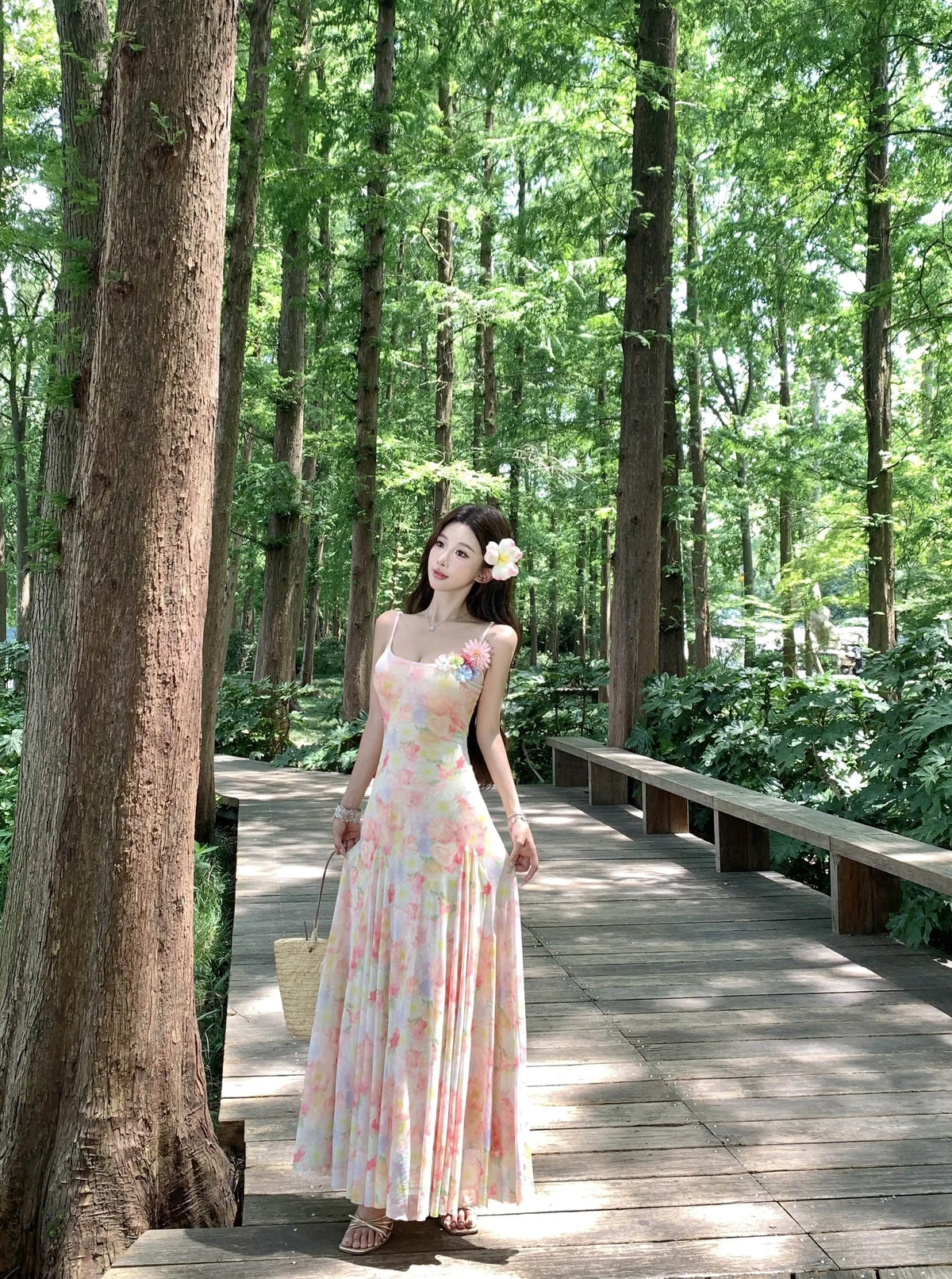 A stunning dress perfect for summer island photography, with a vacation style, sweet spaghetti straps, a fitted waist, suitable