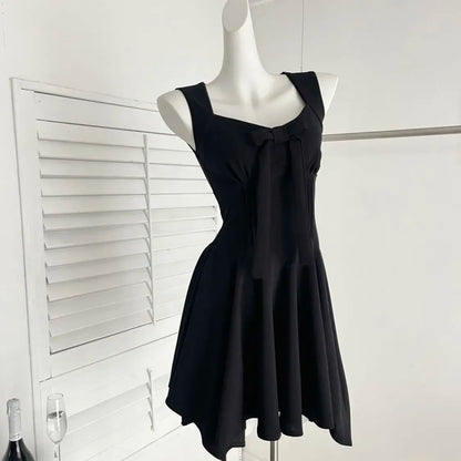 Women's Red Sleeveless V-Neck Bodycon Dress Bow Decor Ruffled Flared Mini Dress Elegant Party Date Casual Slim Fit Dress
