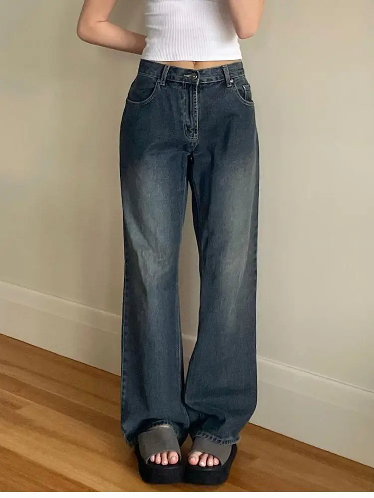 Baggy Jeans Straight Leg Pants Y2k Denim Trousers Vintage Loose Blue Washed Mom Jeans New Fashion High Waist Jeans Women