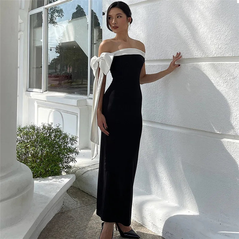 Off Shoulder Contrast Bow Shoulder Ribbon Bodycon Maxi Dress