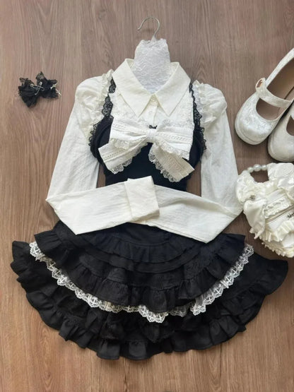 Sweet All-match Fungus Long Sleeve Shirts+ Y2k Sexy Slim Waist Lace Vest+ Hight Waist Ruched Cake Skirts Three Piece Sets