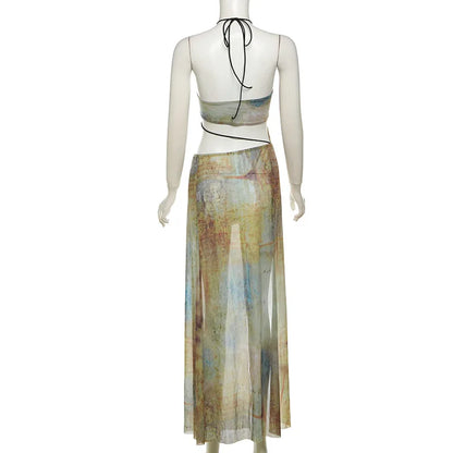 Tie Dye Print Women Sexy Vacation Maxi Dress Cut Out Lace Up Halter Backless Split Club Party Long Robe Beach Outfits Vestidos