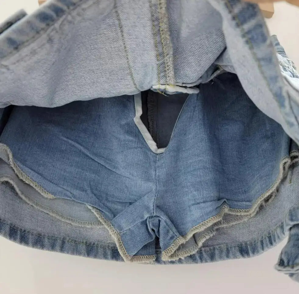 Y2K Low Waist 3D Pockets Mini Denim Skirt With shorts lining Sexy Rope Bow Side Package Hips Short Skater Light blue gray white