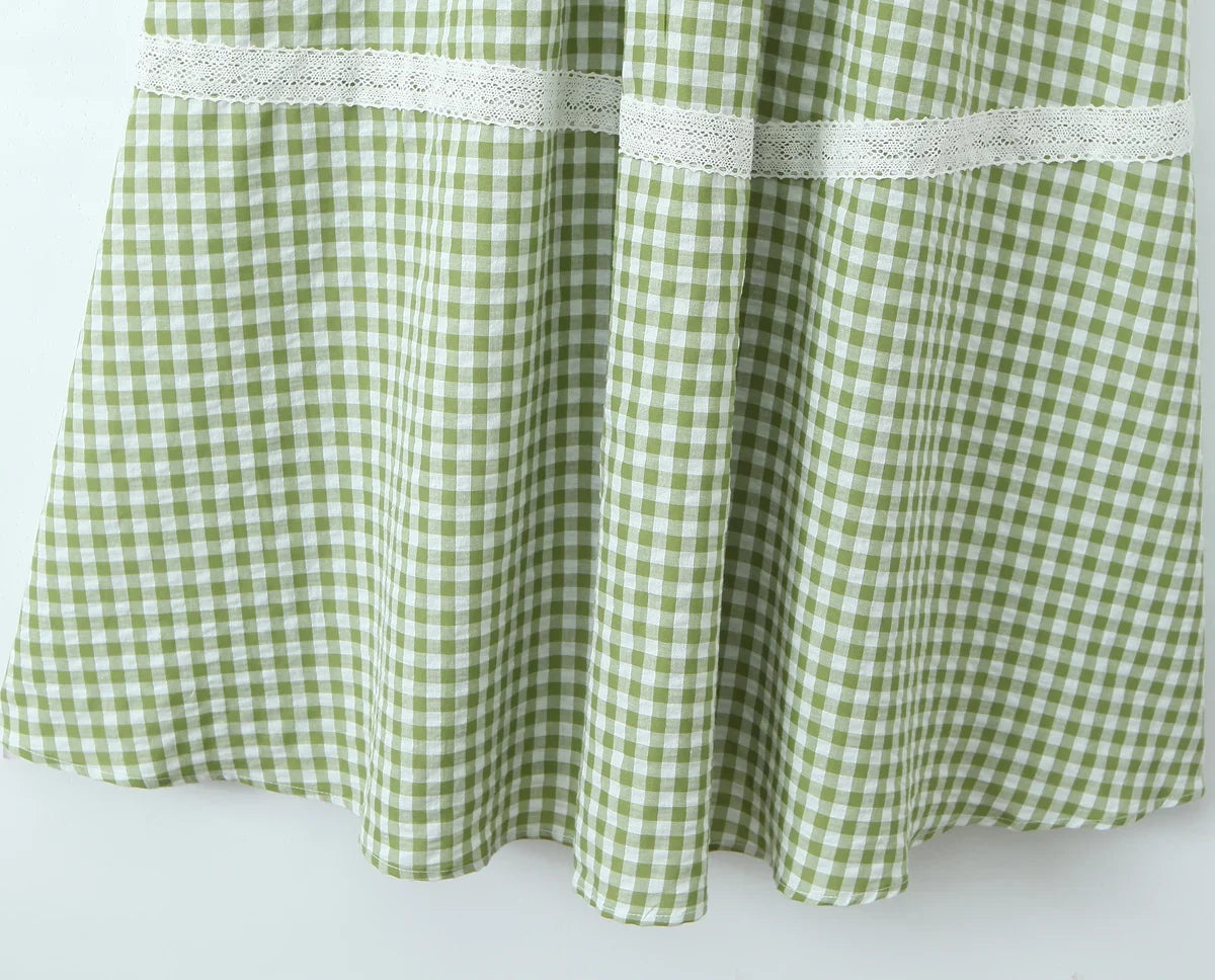 Holiday Style Summer Women's Dress Lace Splicing Sweet Lace Waist Back Green Plaid Dresses Elegant Fashion Long Dress