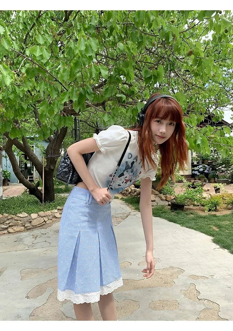 Elegant Skirts Women Floral Printed Plaid Lace Patchwork Spring Summer Sweet Vintage Fashion Female Skirt Casual