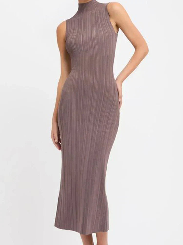 Mock Neck Sleeveless Rib Knit Bodycon Maxi Dress