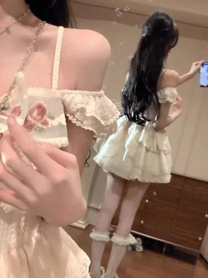 Summer Sweet Fairy Dress For Women Elegant Lolita Bow Ruffles Princess Dresses Girl Sleeveless Birthday Party Mini Dress