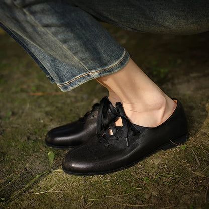 Women Basic Flats Real Leather Comfort Flats Round Toe Woman Lace-Up Daily Flats British Style Cowhide Retro Oxfords