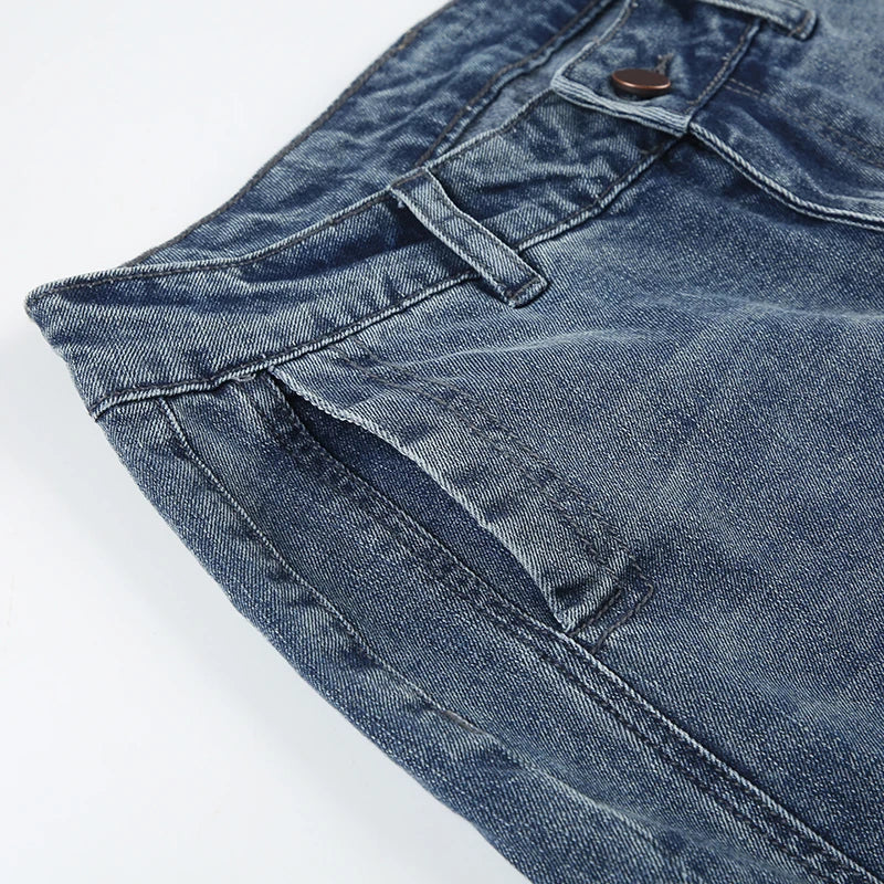 Blue Low Rise Flared Jeans Streetwear y2k Baggy Patchwork Denim Pants 90s Aesthetic Mom Jeans Korean Style Casual Pants