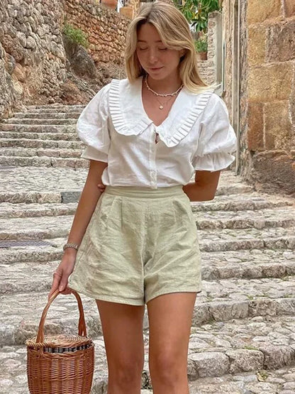 French Chic Elegant Shirt Blouse White Lace Peter Pan Collar Cotton Summer Puff Sleeve Loose Women Ladies Blouse Tops