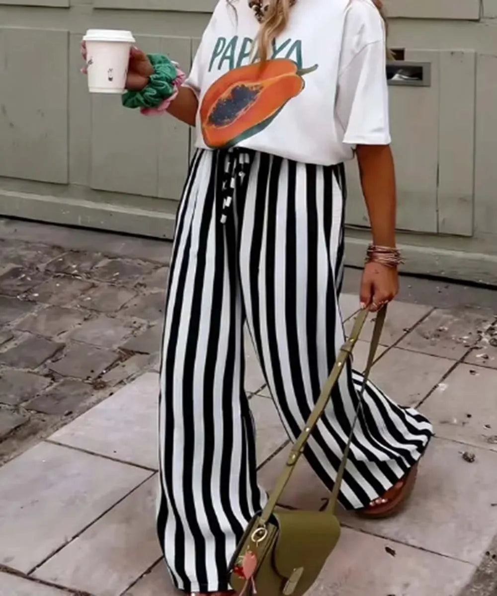 Spring Summer Women's Casual Loose Color Block Striped Print Straight Leg Pants Trousers