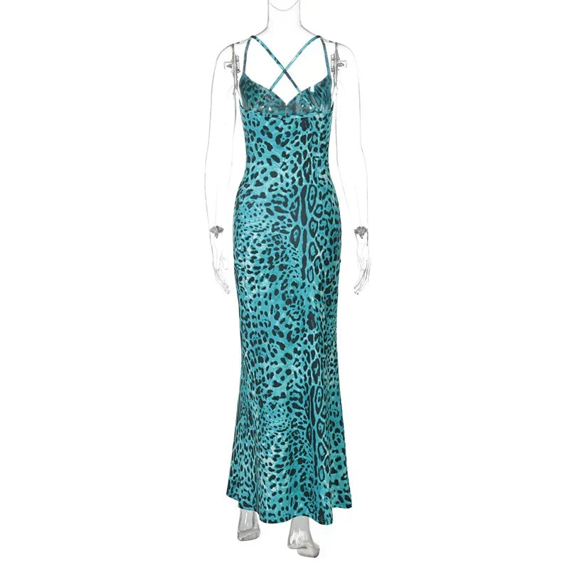 Spaghetti Strap Cowl Neck Print Bodycon Maxi Dress