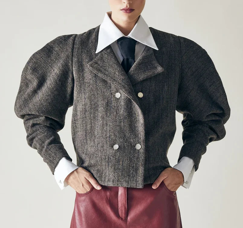 Elegant Solid Round Neck Women's Wide Shoulder Coat Vintage Long Sleeved Double Breasted Jacket Classic Commut Ladies Streetwear