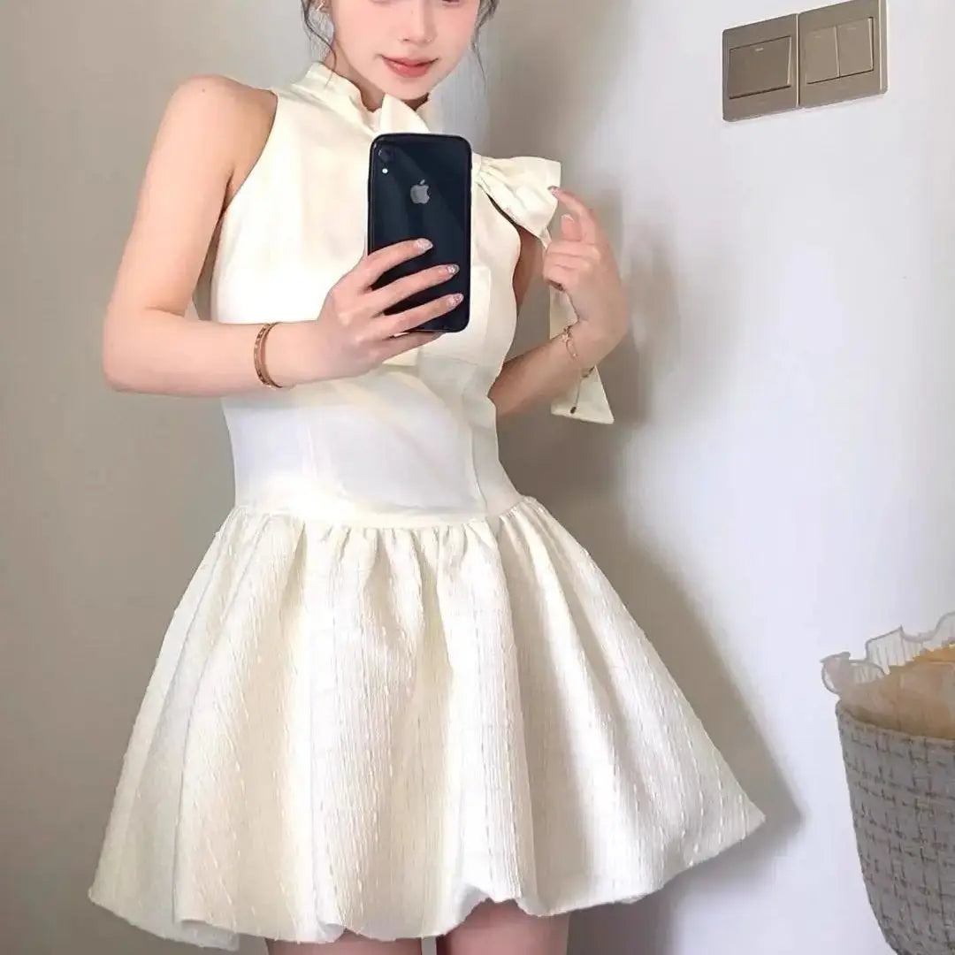 Dress Bow French Style High-End Daughter Summer New Style Waist Slimming Sleeveless Puffy Skirt