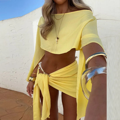 Summer Skew Collar Long Sleeve Blouse Top+Skirts Beach Outfits Sexy Asymmetric Dresses Suit Hawaii Vacation Two Piece Women Set