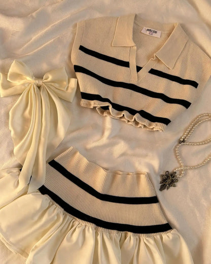 Womens Sweater Skirt Suit Fashionable Sexy Two Piece Set V Neck Vest Striped Knitted Patchwork Harajuku Y2K Mini Skirt Crop Tops