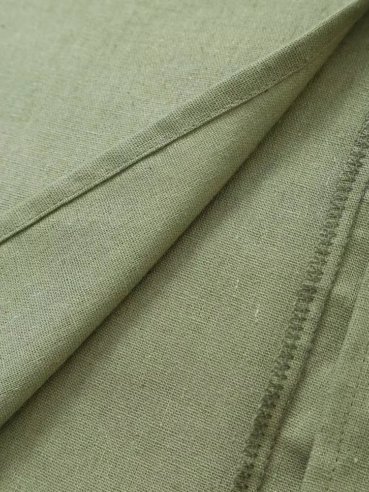 V-neck Green Slip Sexy Backless Dress For Summer Slim Slit Vacation Beach Long Dress Cotton Linen Blend Woman Clothing