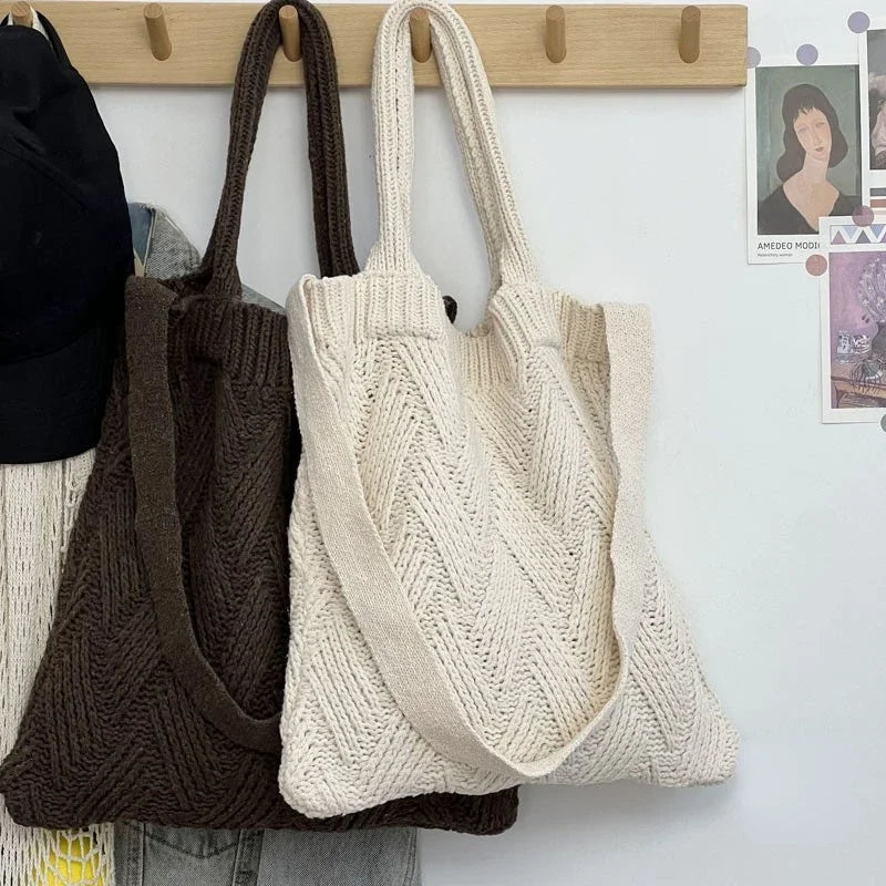 Grunge Vintage Knitted Solid Shoulder Bag Simple All Match Y2k Aesthetic Tote Japanese Cute High-capacity Crossbody Handbags