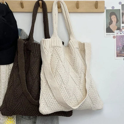 Grunge Vintage Knitted Solid Shoulder Bag Simple All Match Y2k Aesthetic Tote Japanese Cute High-capacity Crossbody Handbags