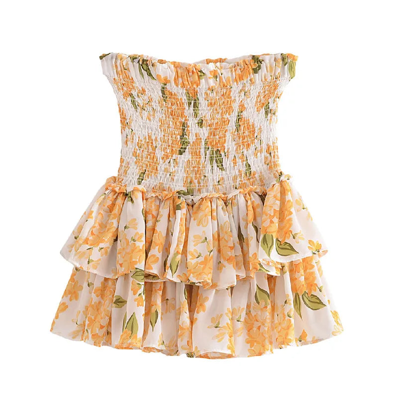 Women Cake Skirts jupe Summer Orange Flower Elastic Waist Ruched Package Hips Wood ears Ruffles Hem Mini Skirt
