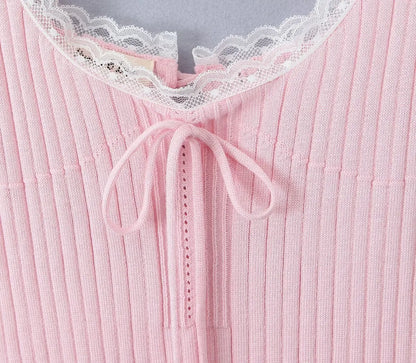 New Pink White Lace Patchwork Short Dress For Women's Clothing Ruffle Square Collar Vacation Beach Summer Knit Slip Dress