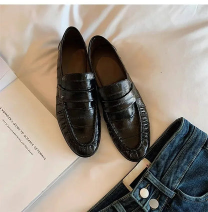 Retro Brown Soft Leather Brand Flats Women Fashion Pleated Design Loafers Comfort Outdoor Commuting Office Shoe Zapatos De Mujer