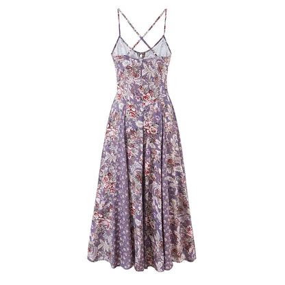 Vintage Floral Print Sling Vacation Dress Women New 2026 A-line Midi Big Swing Casual Summer Dresses