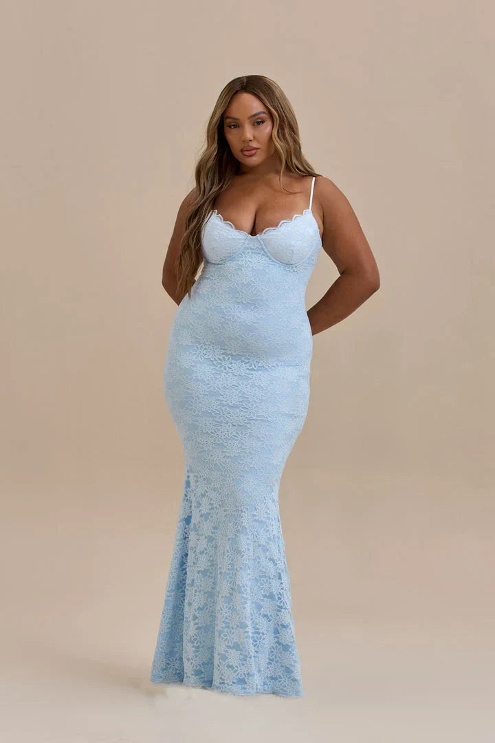 Sweetheart Spaghetti Strap Floral Lace Bustier Mermaid Maxi Gown