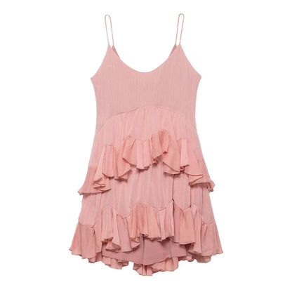 Women's Sweet Chic Suspender Dress Pink Solid Layered Zipper Mini Dress Fashion Spring Summer Holiday Beach Party Dress