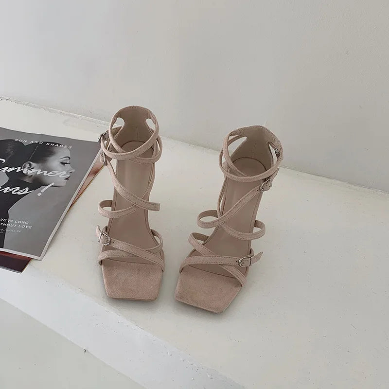 ZA Summer Sexy Sandals Square Toe Suede Concise Narrow Band Women Dress Shoes Belt Buckle Solid Color High Heel Calzado