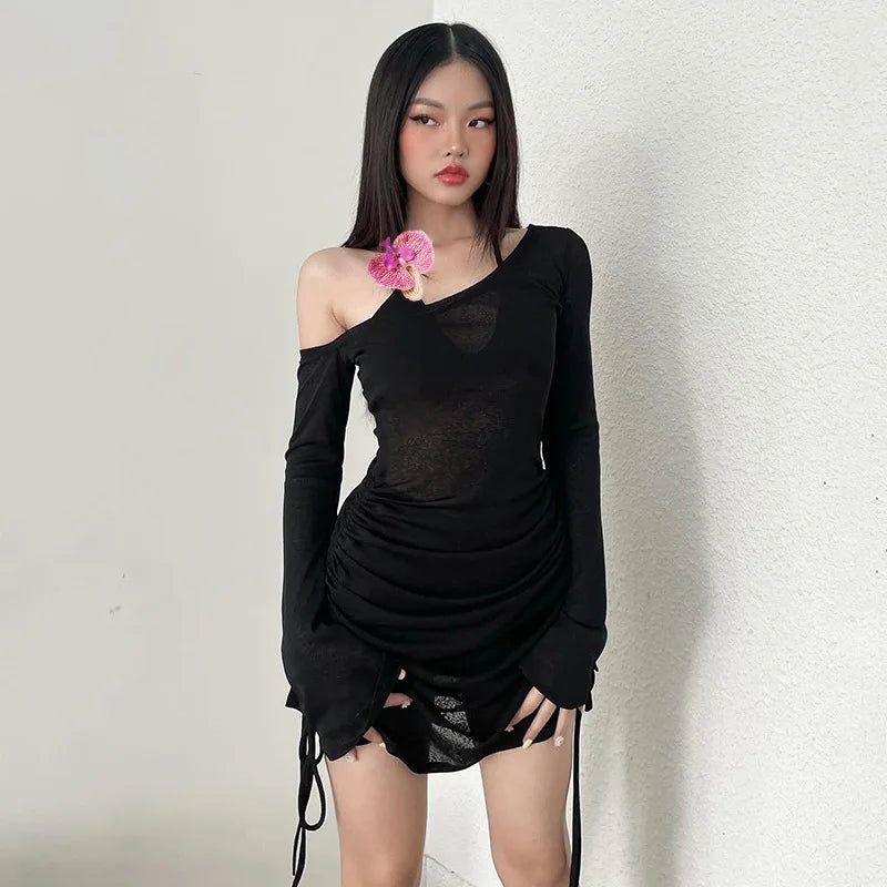 Halter Tie Flowers Fake Two Piece Dress Set Long Sleeve Draw String See Through Mesh Dresses Women Night Party Mini Dresses