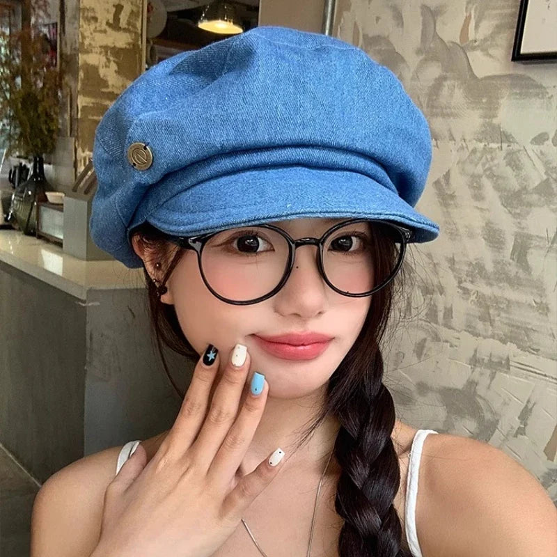 Japanese Retro Denim Berets Cap for Women Spring and Summer New Travel Casual Versatile Show Face Small Cloud Newsboy Hats