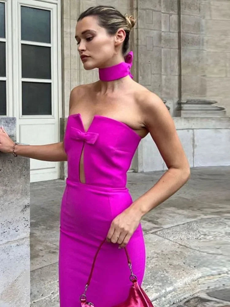 Fashion Solid Sleeveless Women Dresses Chic Backless Bow Hollow Out Female DressNew Sexy Evening Hip Package Lady Vestidos
