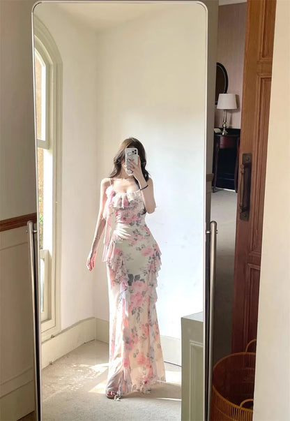 Women Dresses Sleeveless Slash Neck Gradient Floral Printed Mesh Patchwork Slim Vintage Elegant Party Dress Ladies