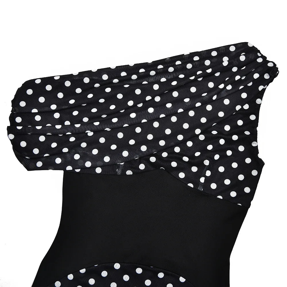 Personalized Design Diagonal Neck Off-the-shoulder Polka Dot Dress Female Sexy Slim Mesh See-through Backless Dress