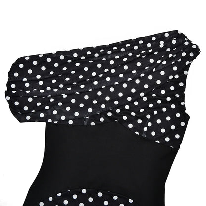 Personalized Design Diagonal Neck Off-the-shoulder Polka Dot Dress Female Sexy Slim Mesh See-through Backless Dress