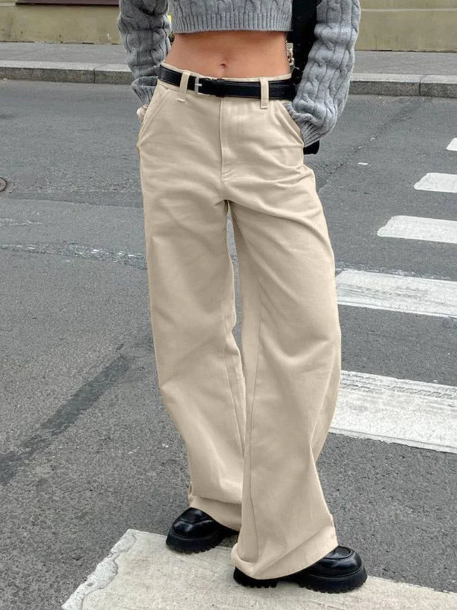Khaki Classic Wide Leg Pant Women High Waist Pocket Loose Simple Trouser Autumn Winter Streetwear Fashion Casual Pants New