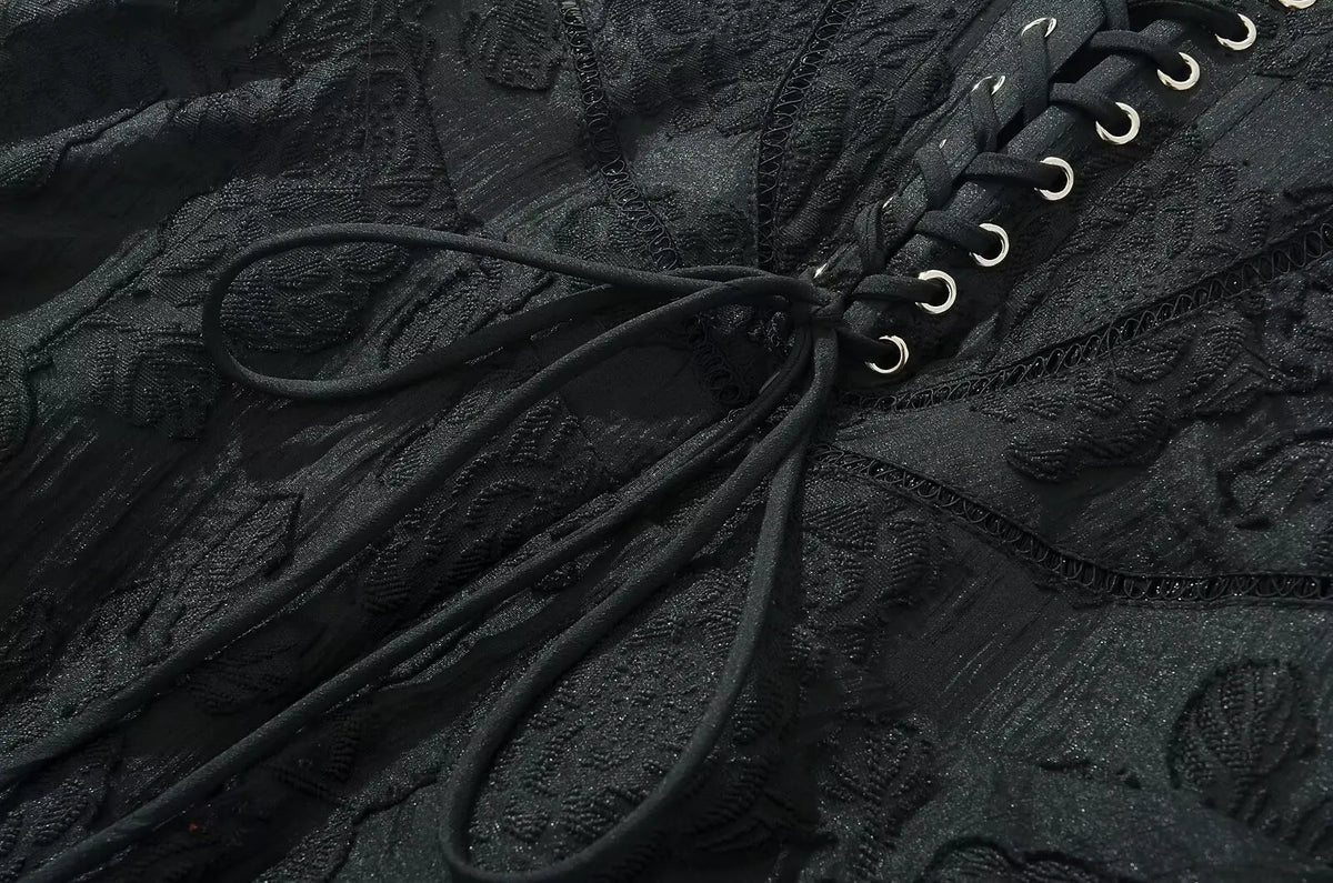 Vintage Jacquard Sling Sexy Dress For Women Thin Straps O Neck Low Waist A-line Mini Dresses Female Lace Up Back Summer Robe
