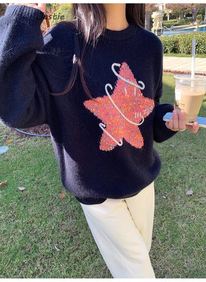 Creative Star Jacquard Cute Christmas Sweater 2025 New Round Neck Fashion Women Winter Pullover Top