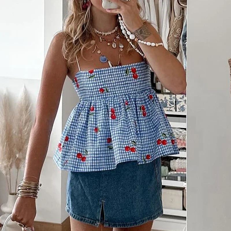 Backless Tie Up Crop Tops Cherry Plaid Print Peplum Camisole Summer Holiday Sweet Cute Milkmaid Tank Vest Y2K Clothes
