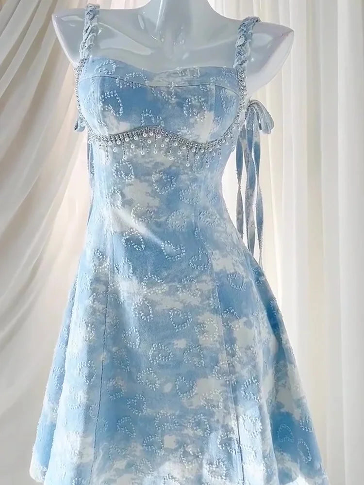 Lolita Sweet Girl Dress Sky Blue Beach Vacation Cute Loli Fairy Strap Dress Pearl Style Dress
