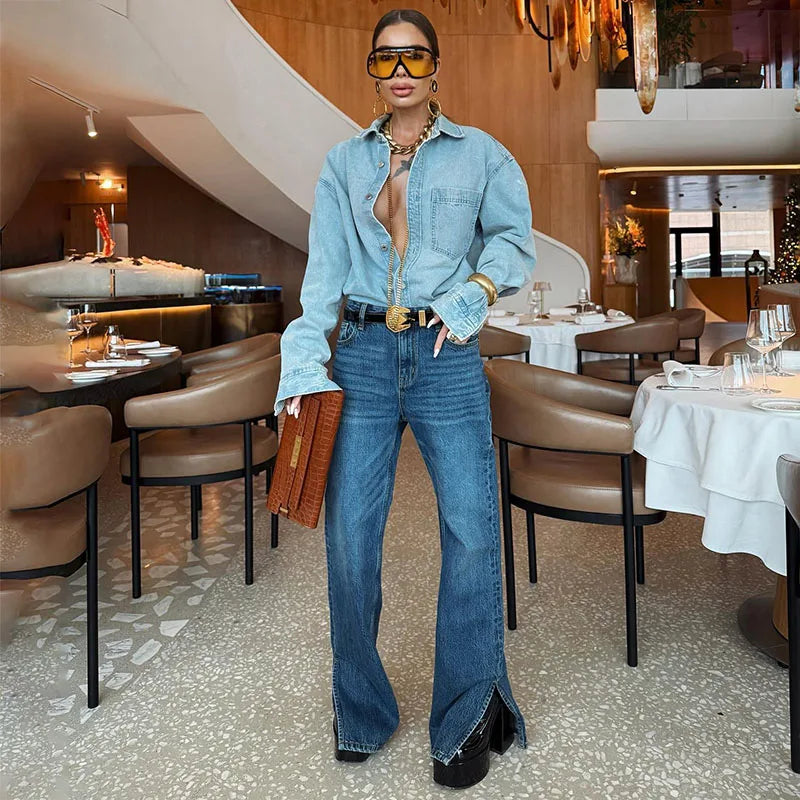 Versatile Straight Side Split Denim Pants Women Casual Light Flared High Waist Long Jeans Female Spring Winter Chic Street Pant