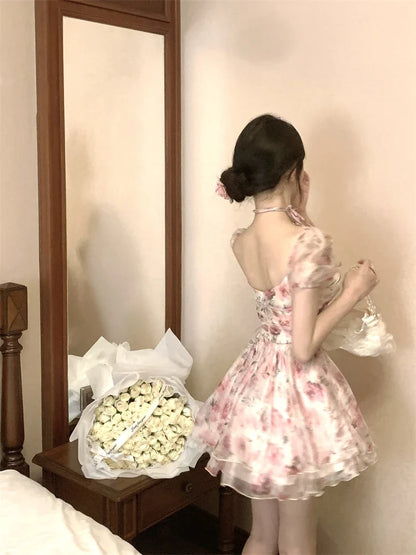 Elegant Princess Floral Short Dresses for Women Y2K Puff Sleeve Backless Printed Ruffles A-line Korean Fashion One Piece Vestido