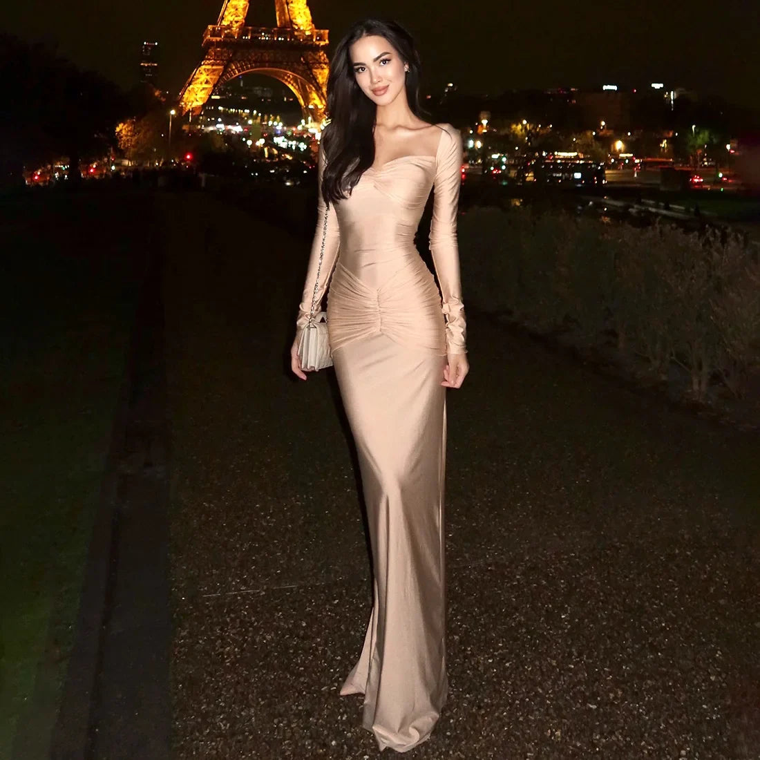 Women Elegant Satin Ruched Bodycon Maxi Party Dress Sexy Strapless Full Sleeve Back Split Evening Gown Birthday Long Robe