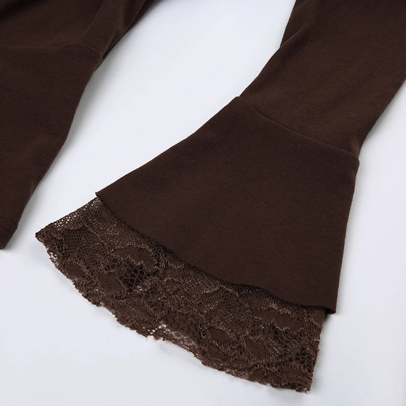 Slim Bandage Folds Patchwork Lace T Shirt Casual Drawstring Square Collar Long Flare Sleeve Tees Women Autumn Lady