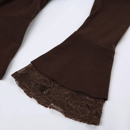 Slim Bandage Folds Patchwork Lace T Shirt Casual Drawstring Square Collar Long Flare Sleeve Tees Women Autumn Lady