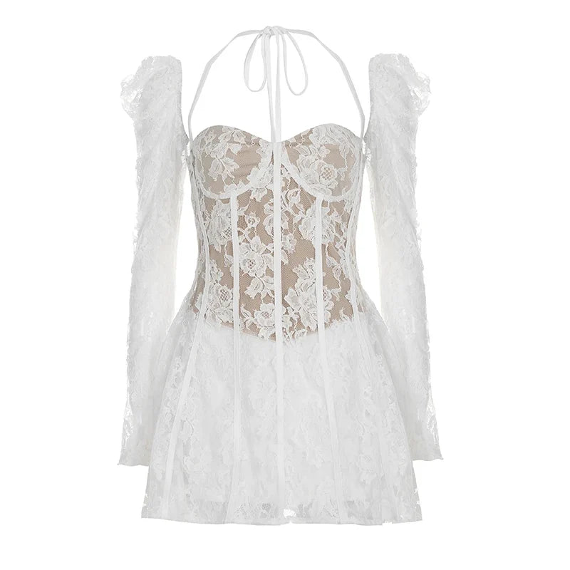 Elegant Fairy White Corset A-line Dress See Through Lace Square Collar Sexy Long Sleeve Short Dresses Aesthetic Sweet