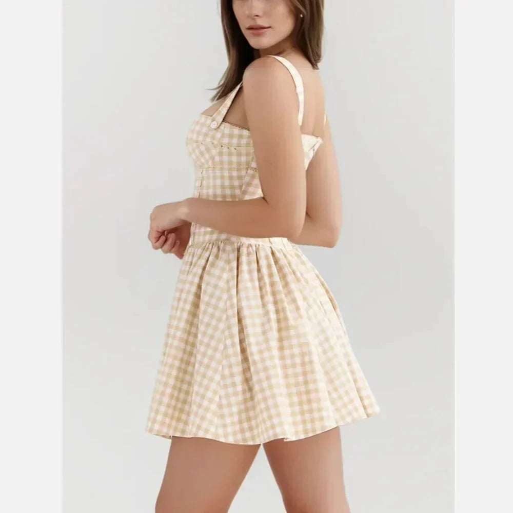 Gingham Check Square Neck Princess Seam Pleated Ball Gown Mini Dress